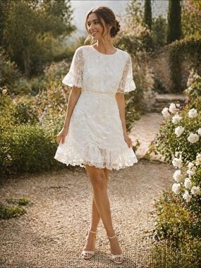 Selfie Leslie White Embroidered Organza Mini Dress Bridal Cottagecore Ruffle